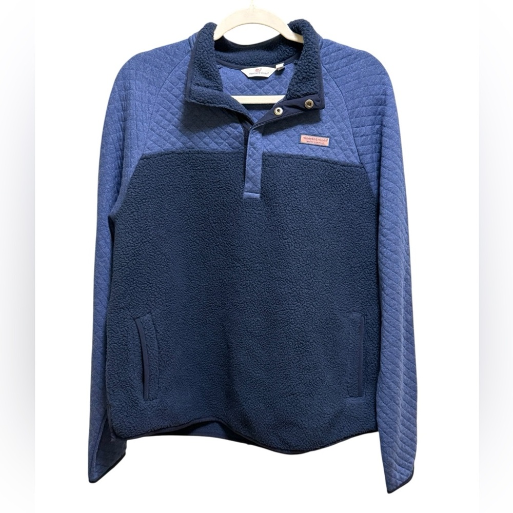 Vineyard Vines Mixed Media Sherpa Shep Shirt Pullover in Blue Quilted Fleece L